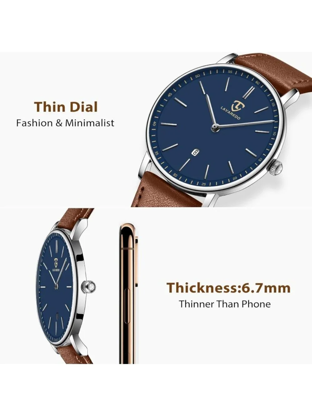 Men's Blue Dial Brown Leather Strap Analog Minimalist Fashion Simple Wrist Watch